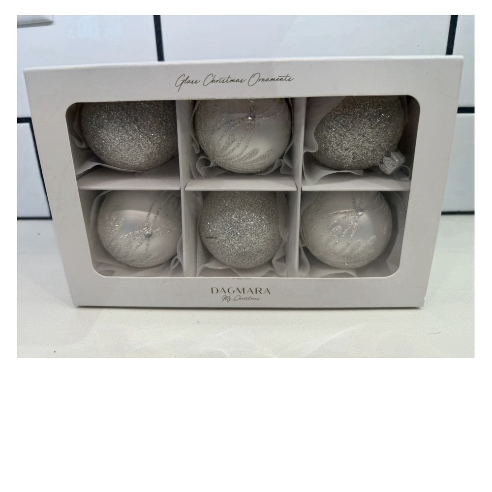 Dagmara My Christmas Set Of 6 Glass Ornaments Hand Made Poland New White Glitter